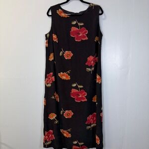 Maggy London Woman Vintage 100% Silk Floral Midi Dress Black Red Orange Size 14